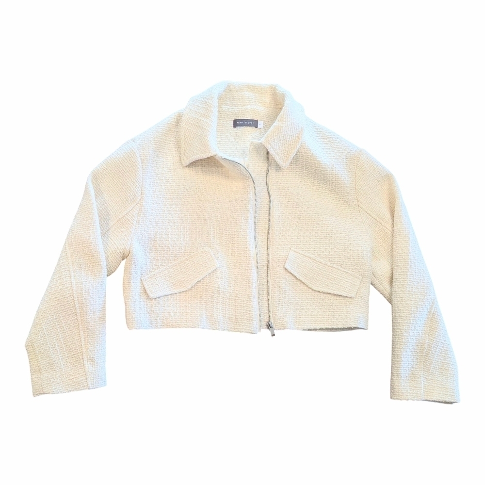 Mint Velvet Cropped Boucle Zip Up Jacket Cream M NWOT Quiet Luxury Workwear